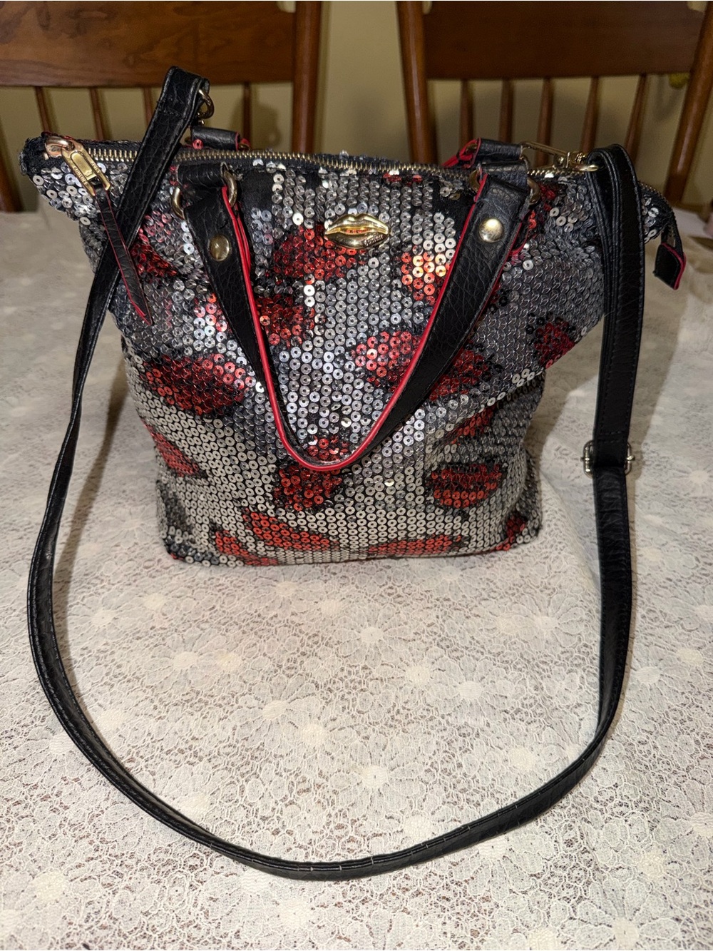 Juicy Couture Silver Sequin Tote with Red Lip Motif
